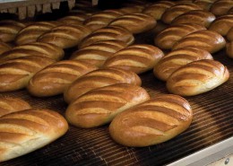 Loaves of bread in an industrial oven.